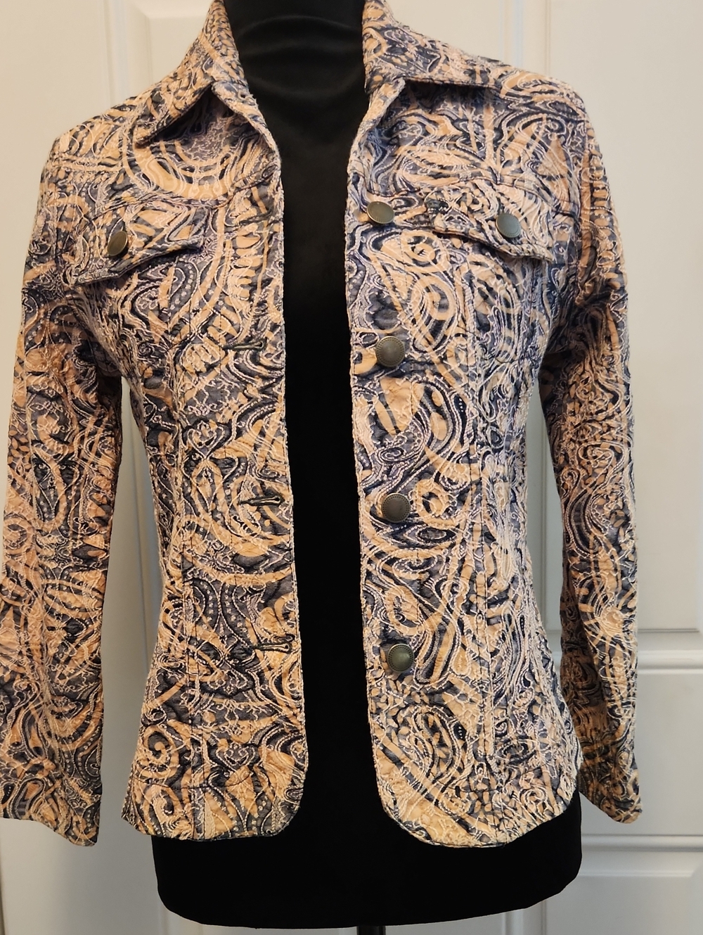 Paisley-Print Jean Jacket in Blue and Beige